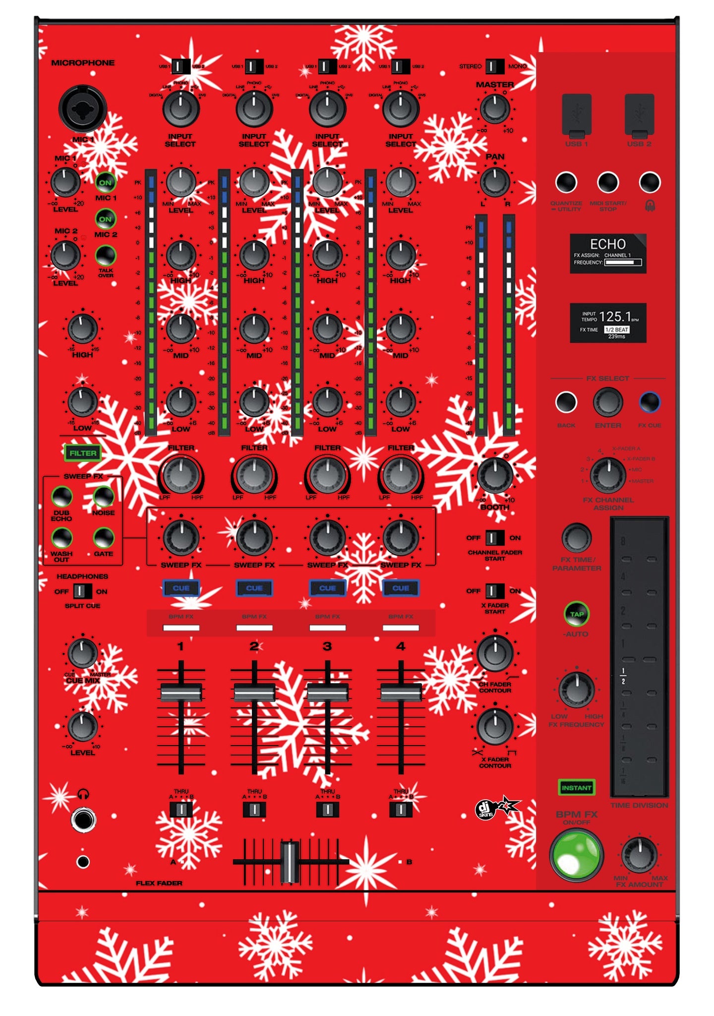 Denon DJ X 1850 Skin X-MAS Red Snowflakes