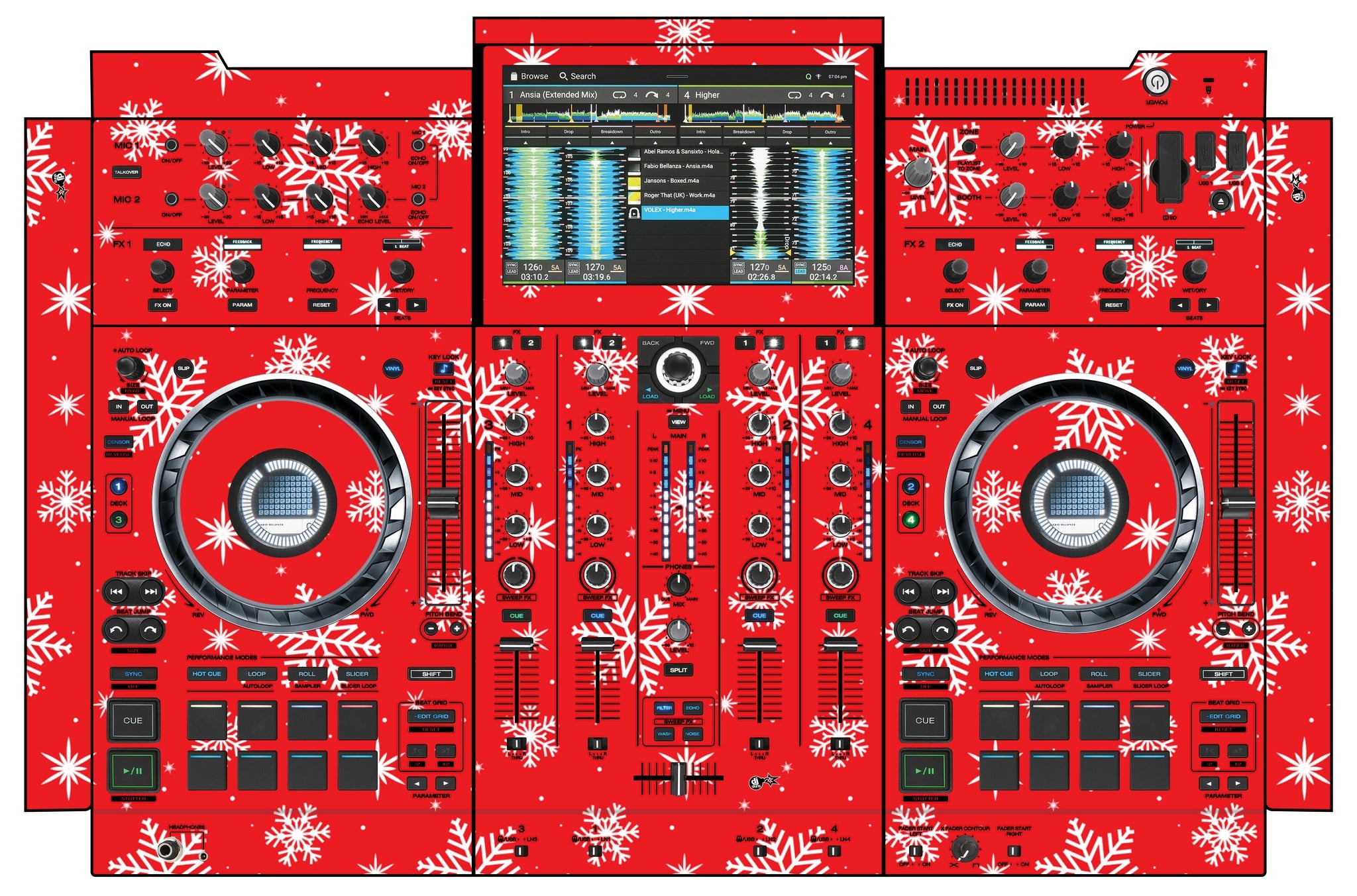 Denon DJ PRIME 4+ Skin X-MAS Red Snowflakes