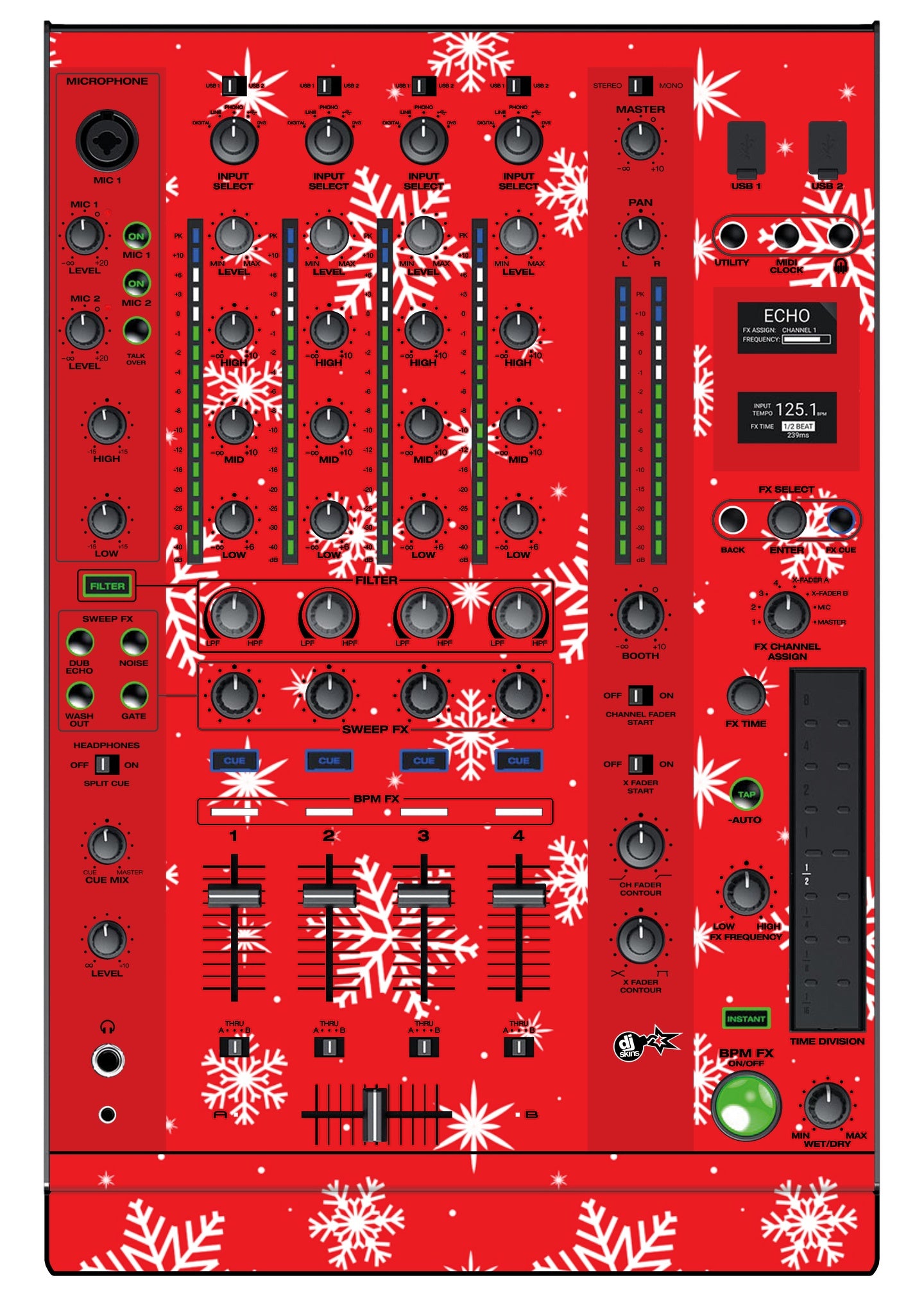 Denon DJ X 1800 Skin X-MAS Red Snowflakes