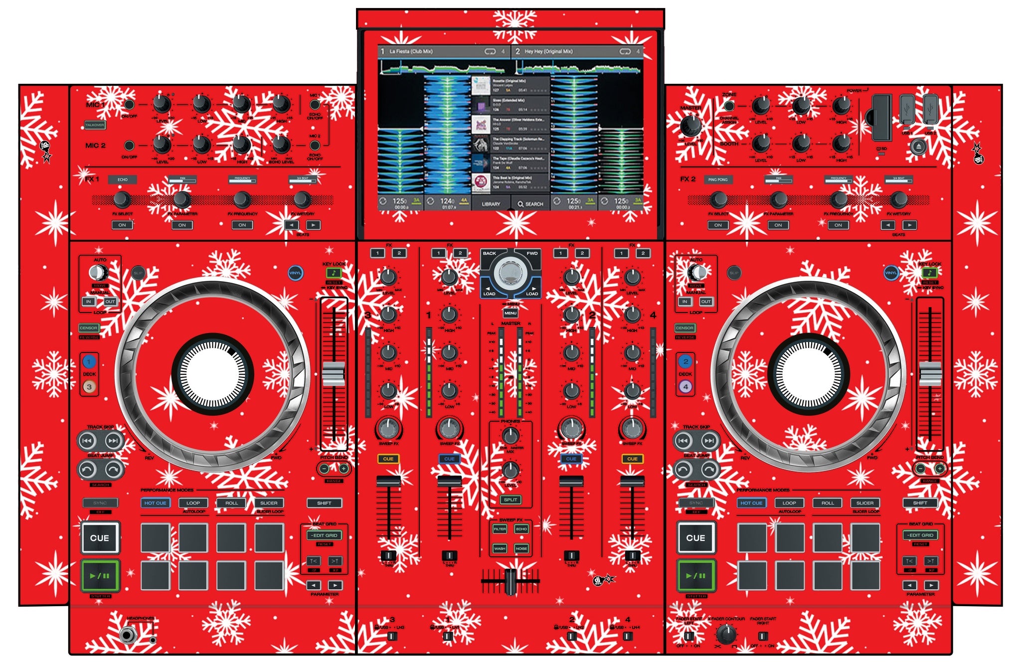 Denon DJ PRIME 4 Skin X-MAS Red Snowflakes