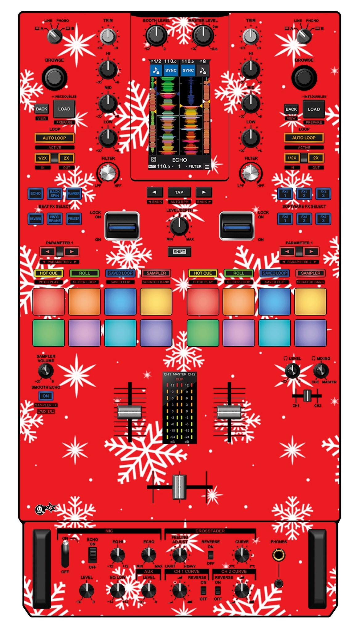 Pioneer DJ DJM S11 Skin X-MAS Red Snowflakes