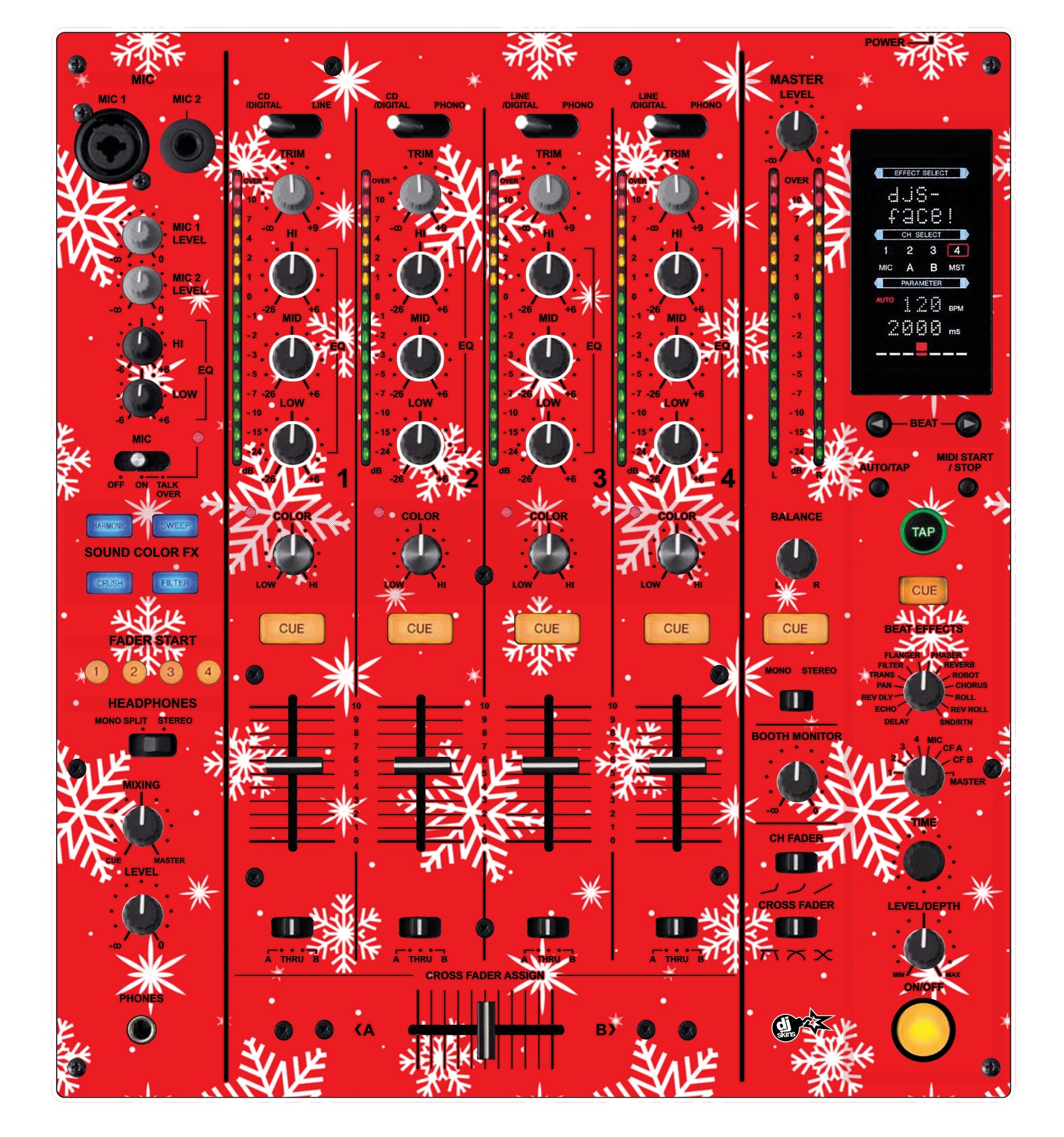 Pioneer DJ DJM 800 Skin X-MAS Red Snowflakes