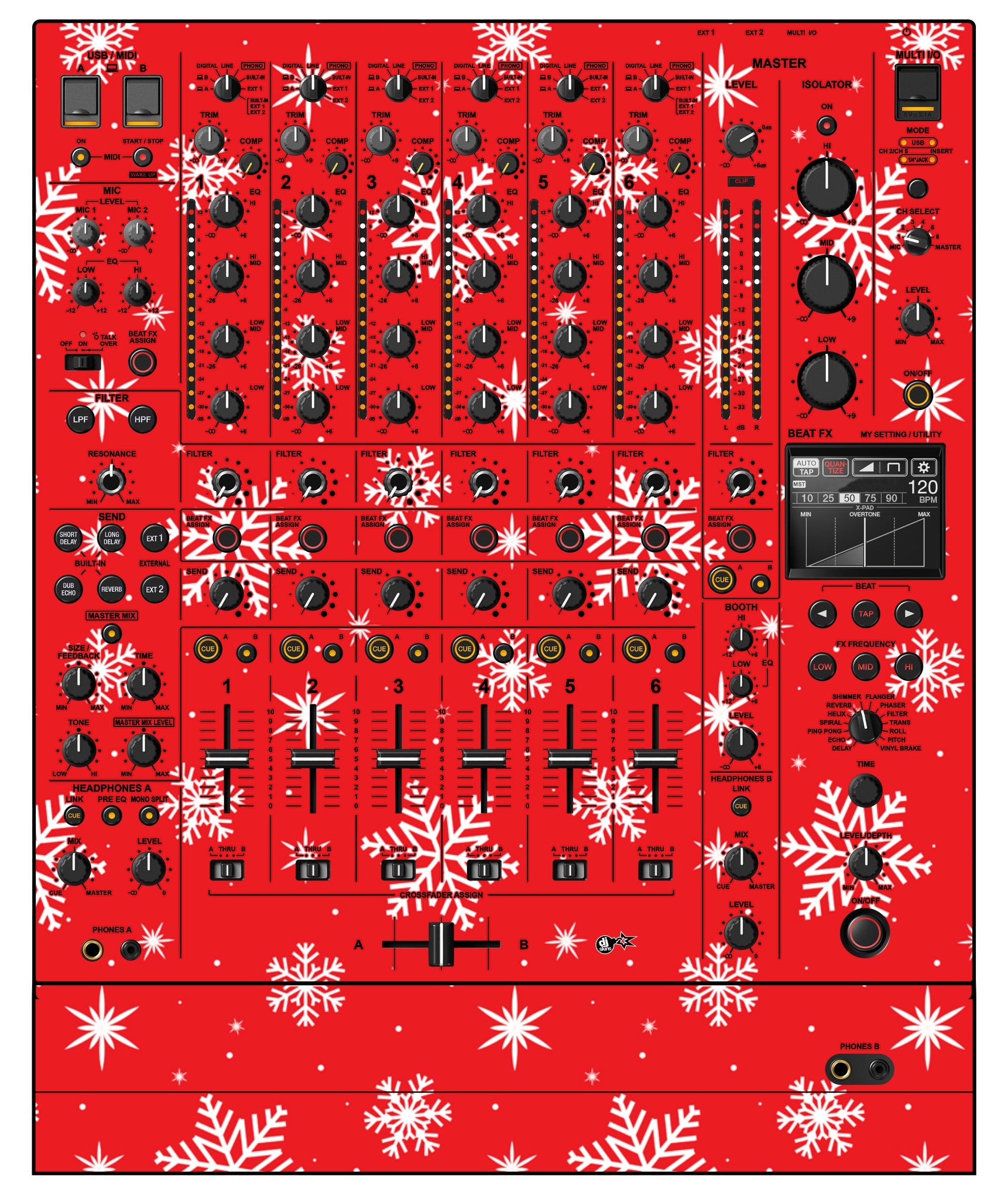 Pioneer DJ DJM V10 Skin X-MAS Red Snowflakes