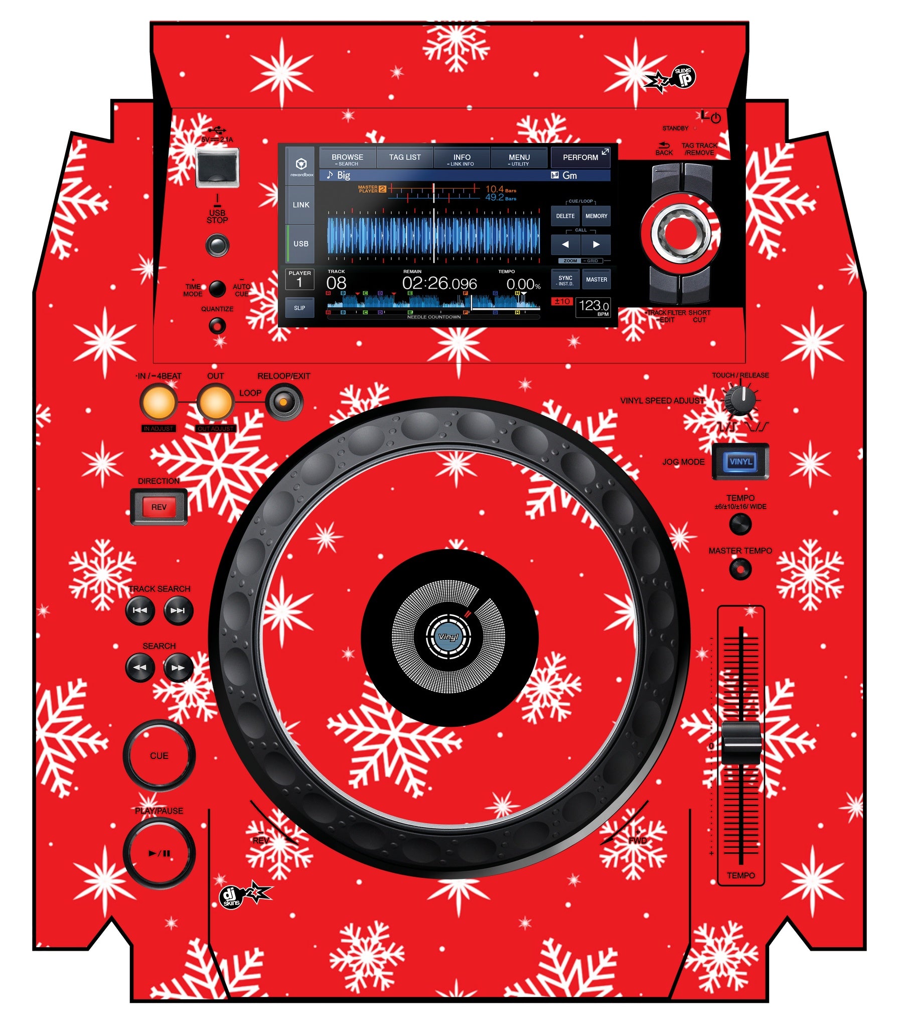 Pioneer DJ XDJ 1000 MK2 Skin X-MAS Red Snowflakes